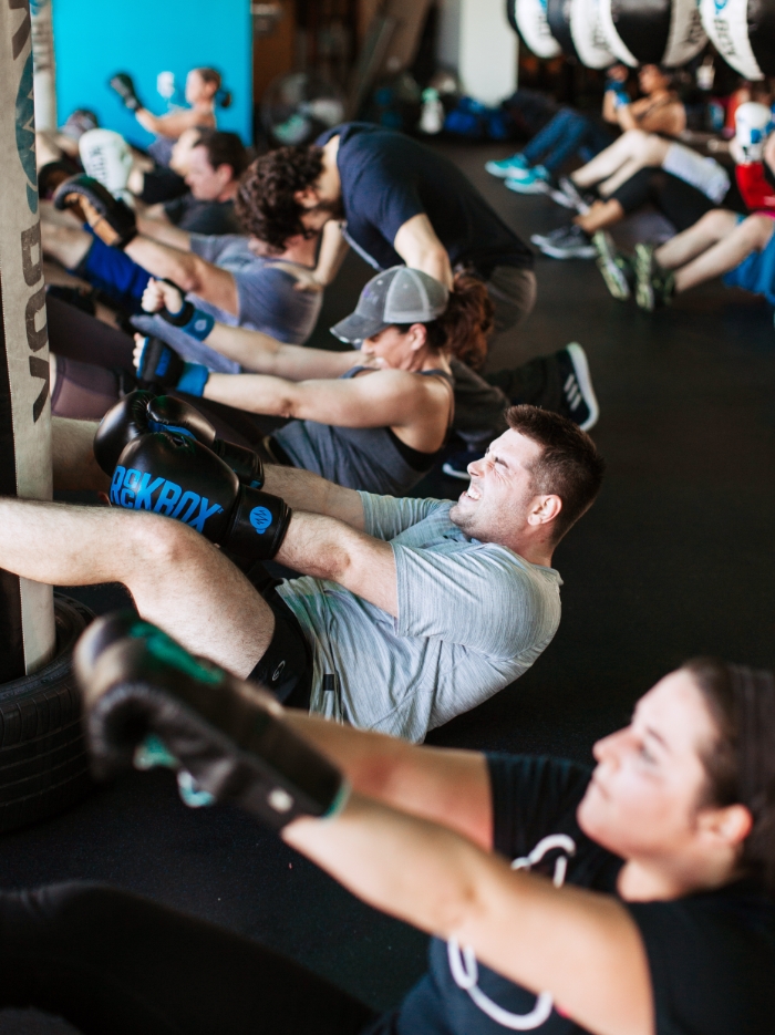 group doing crunch exercises